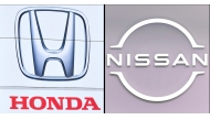 This combination of pictures created on February 13, 2025 shows the logo of Honda Motor (L) taken on February 6, 2025 at the company's showroom in Tokyo and the logo of Nissan Motor (R) being displayed at the company's showroom in Tokyo on February 13, 2025. Photo by Kazuhiro NOGI / AFP