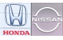 This combination of pictures created on February 13, 2025 shows the logo of Honda Motor (L) taken on February 6, 2025 at the company's showroom in Tokyo and the logo of Nissan Motor (R) being displayed at the company's showroom in Tokyo on February 13, 2025. Photo by Kazuhiro NOGI / AFP