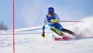 US' Mikaela Shiffrin competes in the first run of the Women's Slalom event of the Saalbach 2025 FIS Alpine World Ski Championships in Hinterglemm on February 15, 2025. (Photo by Dimitar Dilkoff / AFP)