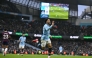 Manchester City's Egyptian striker #07 Omar Marmoush (C) celebrates after scoring his and City's third goal during the English Premier League football match between Manchester City and Newcastle United at the Etihad Stadium in Manchester, north west England, on February 15, 2025. (Photo by Oli SCARFF / AFP)