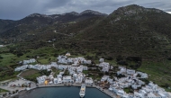 An aerial view shows the port of Katapola, on the Greek island of Amorgos, in the Aegean Sea, on February 14, 2025. Photo by Angelos TZORTZINIS / AFP