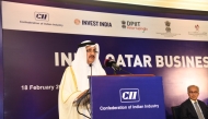 Chairman of Qatar Chamber Sheikh Khalifa bin Jassim bin Mohamed Al Thani addressing the Qatar-India Business Meeting held in New Delhi, India. 