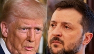 (COMBO) This combination of pictures created on February 19, 2025 shows, L-R, US President Donald Trump in Palm Beach, Florida, on February 18, 2025 and Ukraine's President Volodymyr Zelensky in Kyiv on February 19, 2025. (Photo by ROBERTO SCHMIDT and Tetiana DZHAFAROVA / various sources / AFP)
