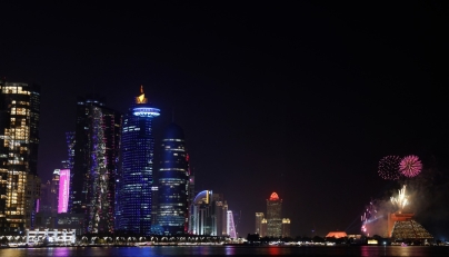 Fireworks light up the sky over the West Bay district in Doha on February 18, 2025. (Photo by KARIM JAAFAR / AFP)
