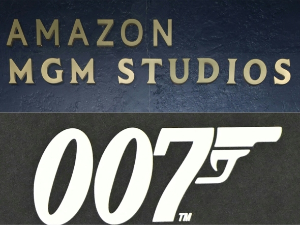 (COMBO) This combination of photographs created on February 20, 2025, shows Amazon MGM Studios logo on display at the celebrate Awards Season 2025 on January 4, 2025 (TOP) and the '007' logo on display during the press preview of the 