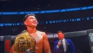 A screenshot of Philippines' Joshua Pacio after clinching the Strawweight MMA World Championship against USA’s Jarred Brooks at the ONE171:Qatar on February 20, 2025.