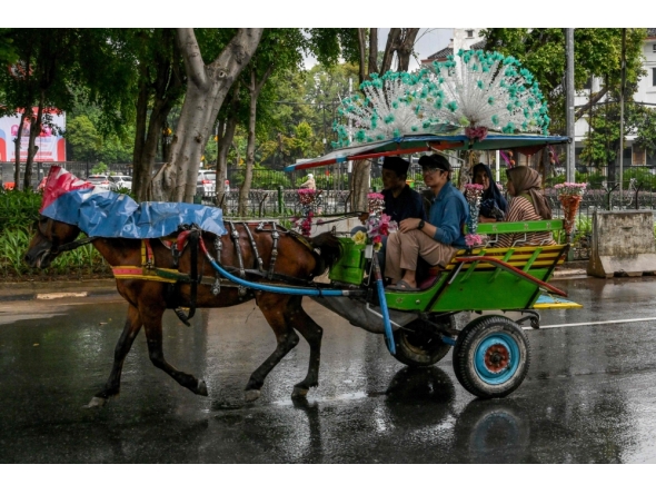 A horse-drawn carriage driver takes passengers for a ride around the National Monument (Monas) park in Jakarta on January 28, 2025. (Photo by Bay Ismoyo / AFP) 