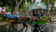 A horse-drawn carriage driver takes passengers for a ride around the National Monument (Monas) park in Jakarta on January 28, 2025. (Photo by Bay Ismoyo / AFP) 