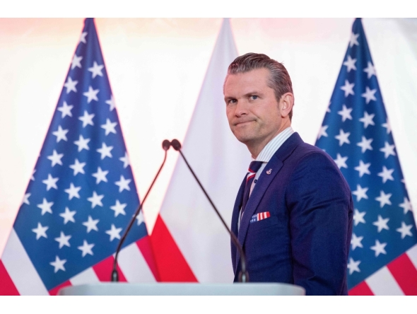 (Files) US Defence Secretary Pete Hegseth arrives for a press conference at the Ministry of Defence headquarters in Warsaw on February 14, 2025. (Photo by Wojtek Radwanski / AFP)
 