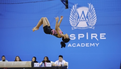 A gymnast in action yesterday.