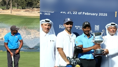 Saleh Al Kaabi (left); Qatar Golf Association (QGA) General Secretary Fahad Nasser Al Naimi presents the winner's trophy to Qatar's Saleh Al Kaabi. QGA Board member Mohamed Faisal Al Naimi (left) is also present.