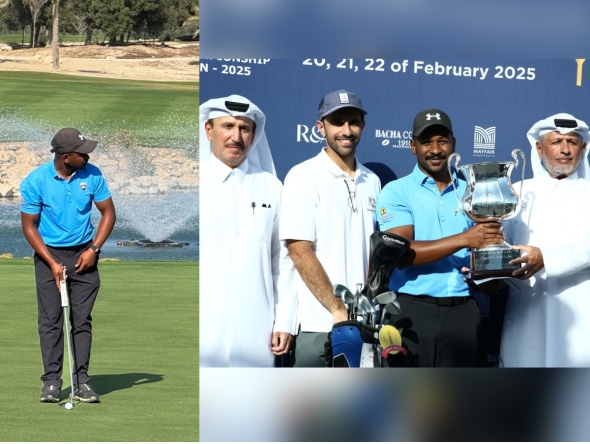 Saleh Al Kaabi (left); Qatar Golf Association (QGA) General Secretary Fahad Nasser Al Naimi presents the winner's trophy to Qatar's Saleh Al Kaabi. QGA Board member Mohamed Faisal Al Naimi (left) is also present.