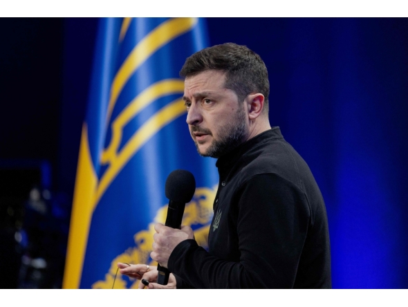 Ukraine's President Volodymyr Zelensky speaks during a joint press conference on the sidelines of the 