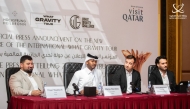 Qatar’s high jumper and What Gravity Challenge Tour founder Mutaz Barshim speaks during the during 2025 Gravity Challenge Tour launch in Doha. What Gravity Challenge CEO Omar Shamiyeh (left), Hochsprung, Heilbronn Chairman Oliver Blumenstock and Heilbronn City representative Altin Zhegrova (right) are also present.
