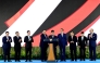 Indonesian President Prabowo Subianto (C), accompanied by former presidents Joko Widodo (4th, R) and Susilo Bambang Yudhoyono (4th, L), attends the launch of Investment Management Agency Daya Anagata Nusantara (Danantara) at Merdeka Palace in Jakarta, Indonesia, Feb. 24, 2025. (Muchlis Jr/Presidential State Press Bureau/Handout via Xinhua)
