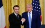 US President Donald Trump and French President Emmanuel Macron shake hands at the end of a joint press conference in the East Room to the White House in Washington, DC, on February 24, 2025. (Photo by Ludovic Marin / AFP)