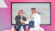 CEO of QFZ, Sheikh Mohammed bin Hamad bin Faisal Al Thani, and Vice Chairman and Board member at the German Mittelstand GCC Office, Gordon Pelz during the MoU signing.