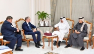 QC Chairman Sheikh Khalifa bin Jassim Al Thani with Deputy Minister of Industry and Trade of the Russian Federation H E Alexey Gruzdev and other officials during the meeting.