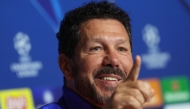 Atletico Madrid's Argentine coach Diego Simeone gestures during a press conference on the eve of the UEFA Champions League Round of 16 first leg football match between Real Madrid CF and Club Atletico de Madrid at the Metropolitano stadium in Madrid, on March 3, 2025. (Photo by Pierre-Philippe MARCOU / AFP)