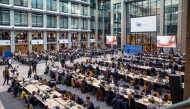 his photograph shows the Press Centre at the EU headquarters during the Special European Council to discuss continued support for Ukraine and European defence, in Brussels on March 6, 2025.  (Photo by HATIM KAGHAT / BELGA / AFP)