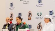 Algeria’s Olympic boxing champion Imane Khelif speaks during a press conference yesterday. Vice Chairman and CEO of Kotinos – Aspire Sports Consulting and Management company Ahmed Anani (left) and Aspire Academy’s Deputy Director General Ali Salem Afifa are also present.