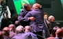 Former Cameroon star Samuel Eto'o (L) is greeted during the Confederation of African Football (CAF) general assembly and the election of a new executive committee, in Cairo, on March 12, 2025. (Photo by Khaled DESOUKI / AFP)