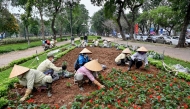 Workers plant flowers along a street in Hanoi on March 18, 2025. (Photo by Nhac NGUYEN / AFP)