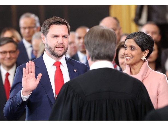 JD Vance with his wife Usha Vance during his swearing in ceremony. AFP File photo.