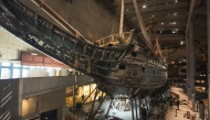 Workers install a new metallic support structure for the 17th-century warship Vasa at the Vasa Museum in Stockholm, Sweden, on April 8, 2025. Photo by Jonathan NACKSTRAND / AFP