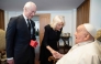 This photo taken on April 9, 2025 and handout on April 10, 2025 by The Vatican Media shows Pope Francis during a private meeting with Britain's King Charles III and Queen Camilla in The Vatican. (Photo by Handout / Vatican Media / AFP) 