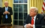 US President Donald Trump speaks to the press, alongside counselor to US President Donald Trump, Peter Navarro (L), after signing an executive order in the Oval Office of the White House in Washington, DC, on February 10, 2025. Photo by ANDREW CABALLERO-REYNOLDS / AFP
