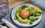 Roasted salmon with whipped feta and peas. (Photo by Tom McCorkle for The Washington Post/food styling by Gina Nistico for The Washington Post)

