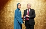 Chairperson of Qatar Foundation H H Sheikha Moza bint Nasser being presented with the Georgetown University President’s Medal by Georgetown University Interim President Robert M Groves.