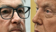 (COMBO) This combination of pictures created on April 21, 2025 shows, L-R, US Federal Reserve Chair Jerome Powell in Arlington, Virginia, on April 4, 2025 and US President Donald Trump in the Oval Office of the White House in Washington, DC, on April 17, 2025. (Photo by Brendan SMIALOWSKI / AFP)
