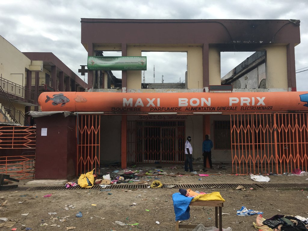 A pharmacy, gutted by fire during post election riots, us seen in the PK8 neighbourhood of Libreville, Gabon, September 19, 2016. Picture taken September 19, 2016. REUTERS/Edward McAllister