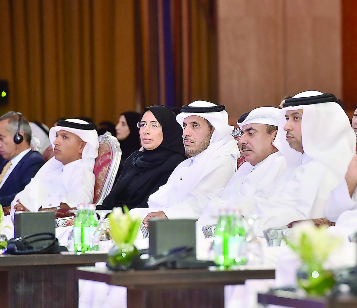 Prime Minister and Interior Minister H E Sheikh Abdullah bin Nasser bin Khalifa Al Thani with other officials at the opening session of the International Diabetes Leadership Forum at Ritz-Carlton Hotel, yesterday.