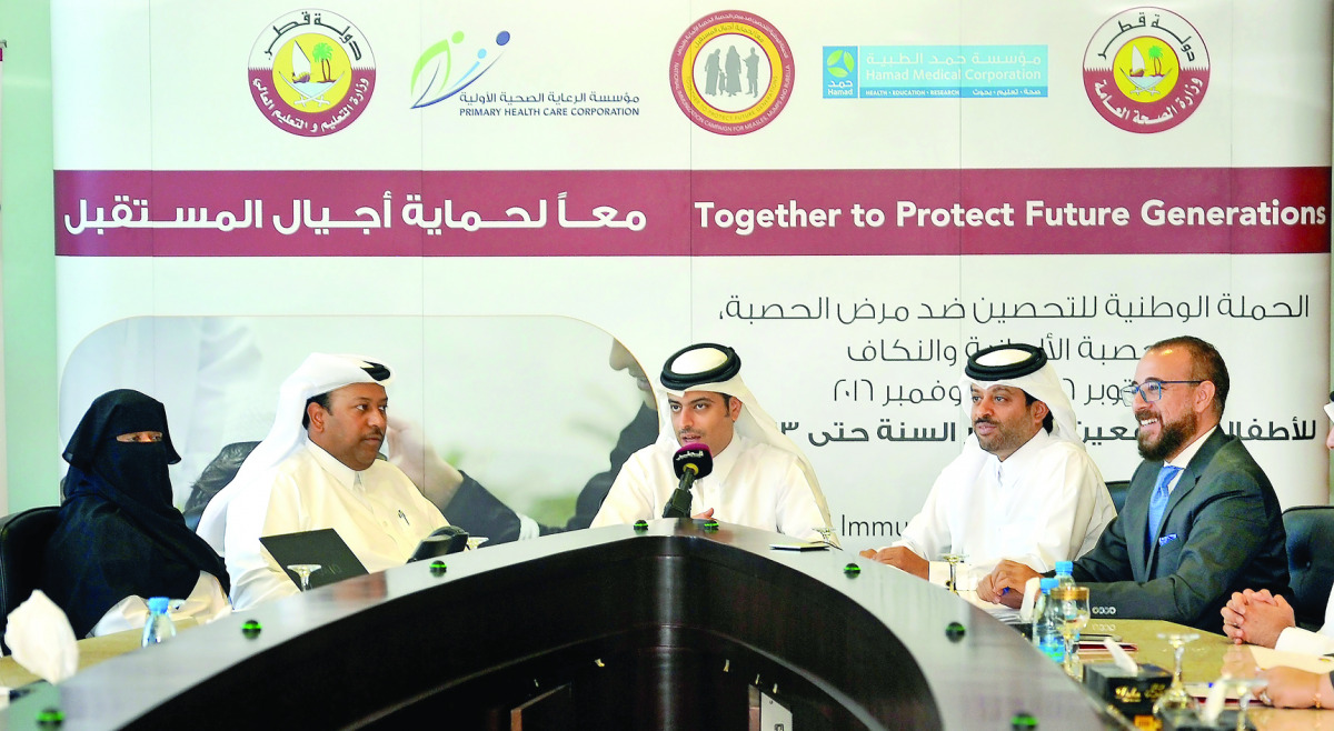 FROM LEFT: Dr Ameena Abdul Raheem, Pediatric Specialist at  HMC and Member of Higher Committee for Vaccination; Khaleefa Al Dirham, Manager of School Affairs, Ministry of Education and Higher Education; Dr Sheikh Mohammed bin Hamad Al Thani, Director of P