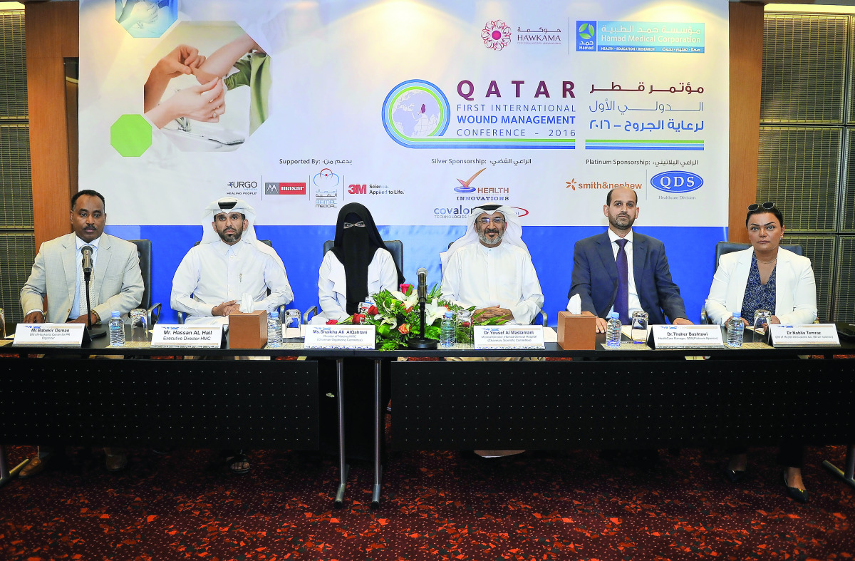 FROM LEFT: Babekir Osman, General Manager, Hawkama Center; Hassan Al Hail, Executive Director, HMC; Shaikha Ali Al Qahtani, Director of Nursing, HMC; Dr. Yousef Al Maslamani, Medical Director, HGH; Thaher Bashtawi, Healthcare Manager, QDS; and Nabila Temr