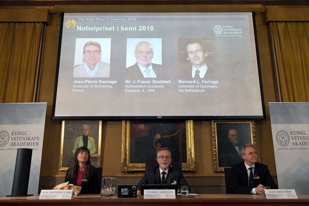 The Royal Academy of Sciences members present 2016 Nobel Chemistry Prize during a news conference by the Royal Swedish Academy of Sciences in Stockholm, Sweden October 5, 2016. TT News Agency/Henrik Montgomery/via Reuters