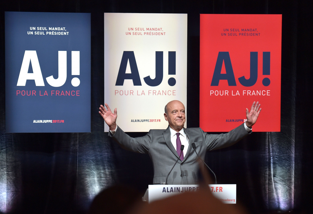 This file photo taken on September 13, 2016 shows Right-wing Les Republicains (LR) party's candidate for the LR party primary ahead of the 2017 presidential election, Alain Juppe, gesturing during a campaign meeting in Strasbourg, eastern France. Alain Ju