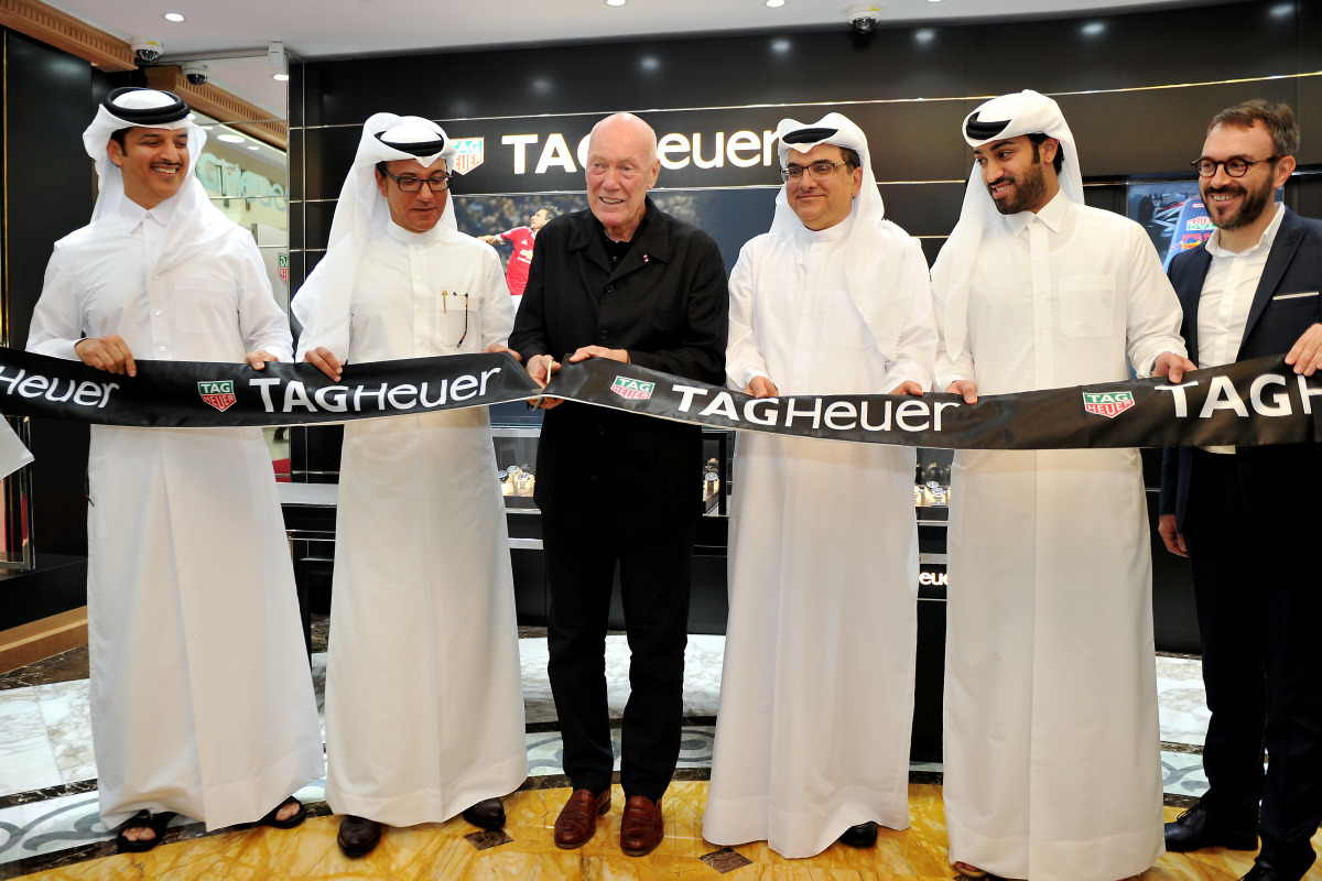 Jean-Claude Biver (third left), CEO, Tag Heuer, Jamil Al Majed (first left), Ahmed bin Mehdi Al Majed (second left) , Mohamed M Al Majed (third right) and Nasr Al Majed (second right) during the opening of new TAG Heuer showroom at City Center Doha yester