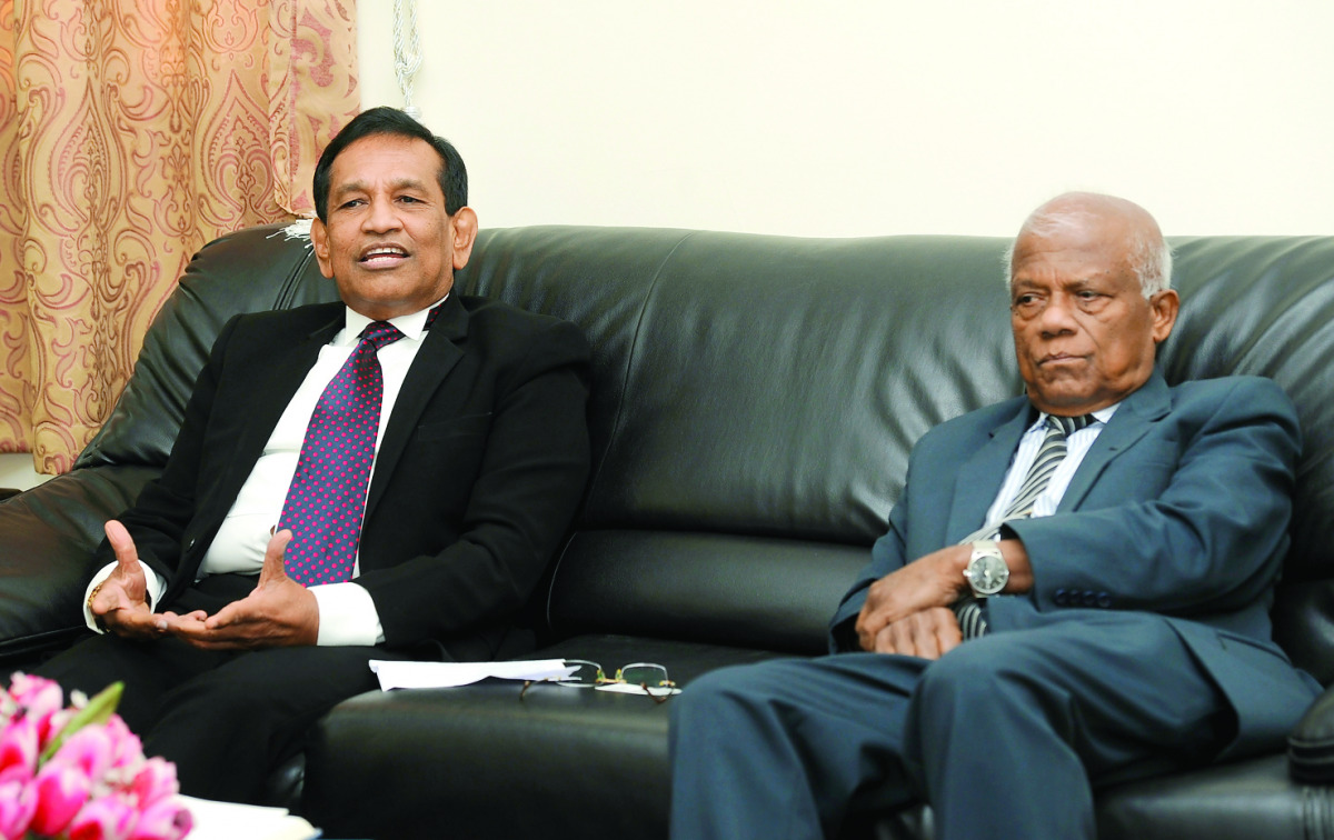 Sri Lankan Minister of Health, Nutrition and Indigenous Medicine, Dr Rajitha Senarathne (left), with Sri Lankan Ambassador Prof (Dr) W M Karunadasa at the embassy in Doha yesterday. 
Pic: Salim Matramkot / The Peninsula