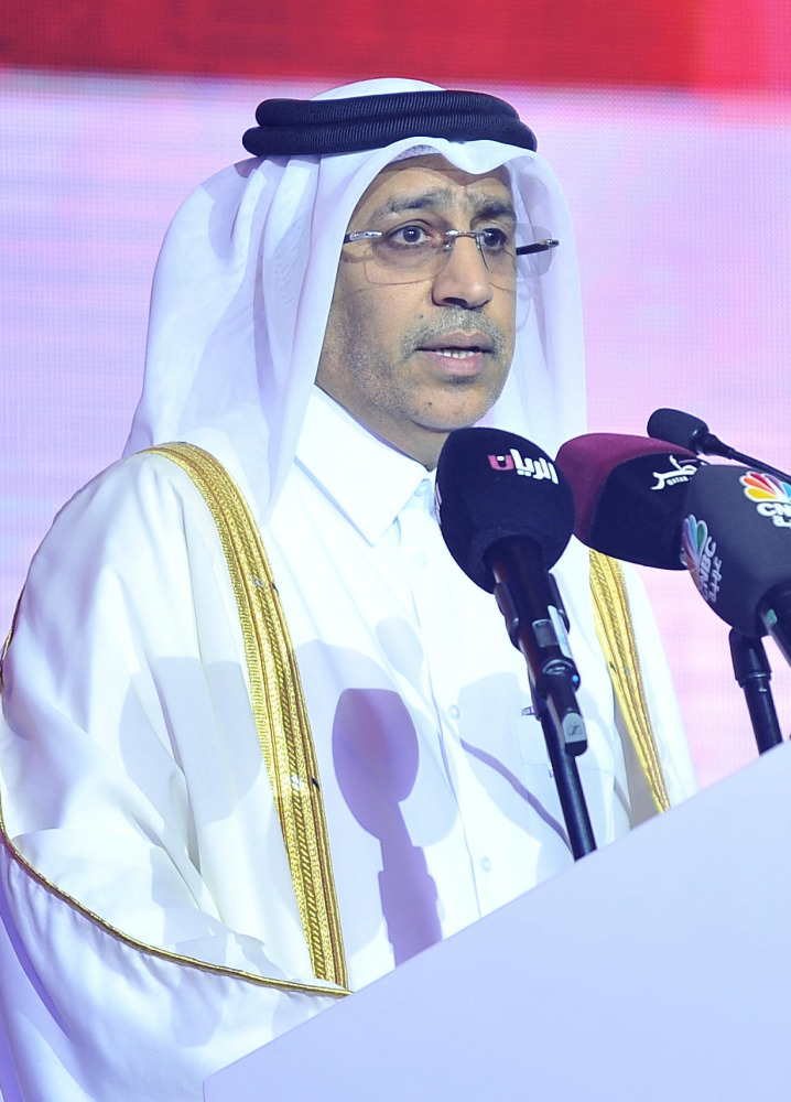 Minister of Justice, H E Dr Hassan Lahdan Saqr Al Mohannadi speaking at the conference on arbitration at Westin Hotel yesterday. Pic Baher Amin / The Peninsula