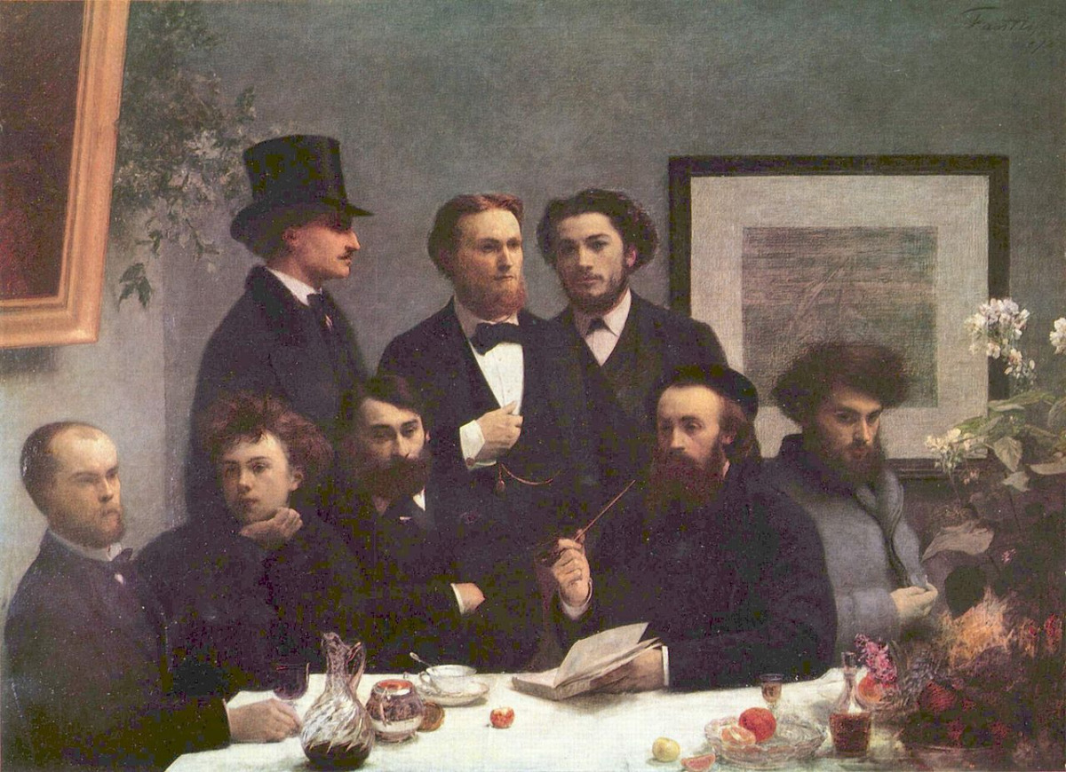 Verlaine (far left) and Rimbaud (second to left) in an 1872 painting by Henri Fantin-Latour