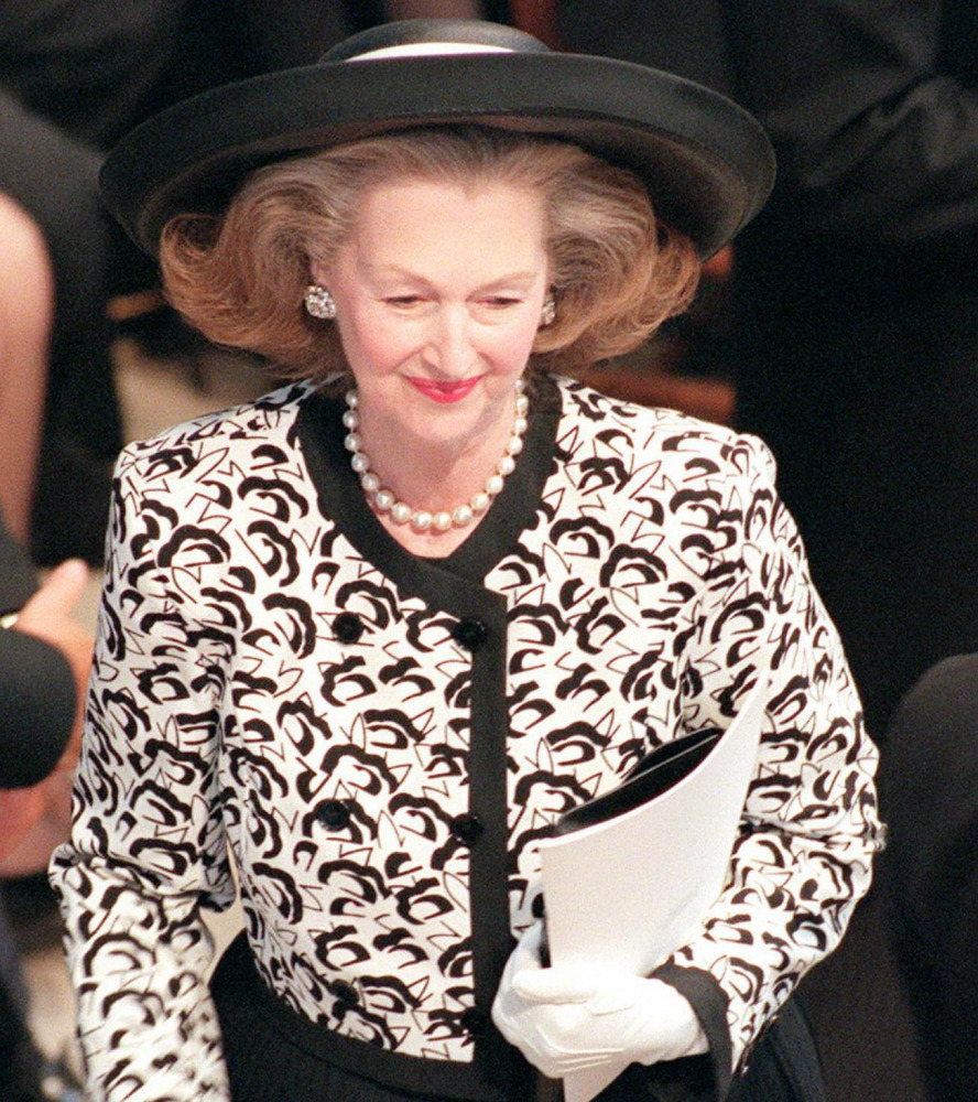 This file photo taken on September 6, 1997 shows Raine Spencer, Countess Spencer, the step-mother of Diana, Princess of Wales arriving at Westminster Abbey in central London for Princess Diana's funeral service. AFP / JOHNNY EGGITT