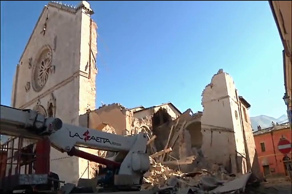 This handout TV grab released by Italian broadcast Sky Tg24 shows the destroyed basilica of Norcia after an 6.6 magnitude earthquake on October 30, 2016 in Norcia.  AFP