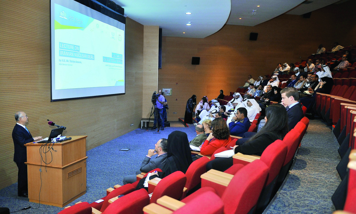 IAEA Director-General Yukiya Amano giving a lecture at Qatar University yesterday. (Pic: Baher Amin/ The Peninsula)