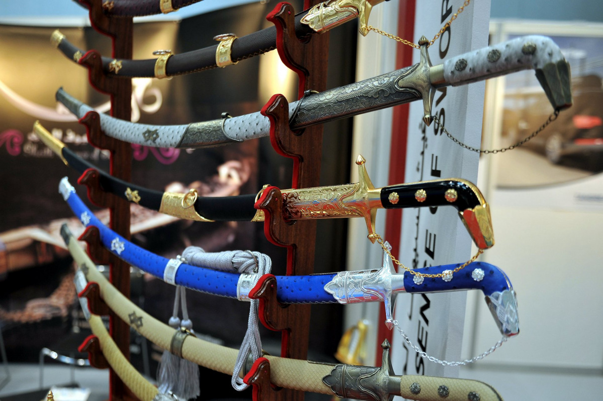 Swords on display at Milipol Qatar. (Abdul Basit/ The Peninsula)