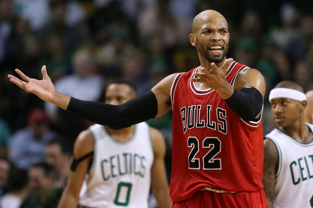 Taj Gibson #22 of the Chicago Bulls disputes a call during the third quarter against the Boston Celtics at TD Garden on November 2, 2016 in Boston, Massachusetts. Maddie Meyer /AFP