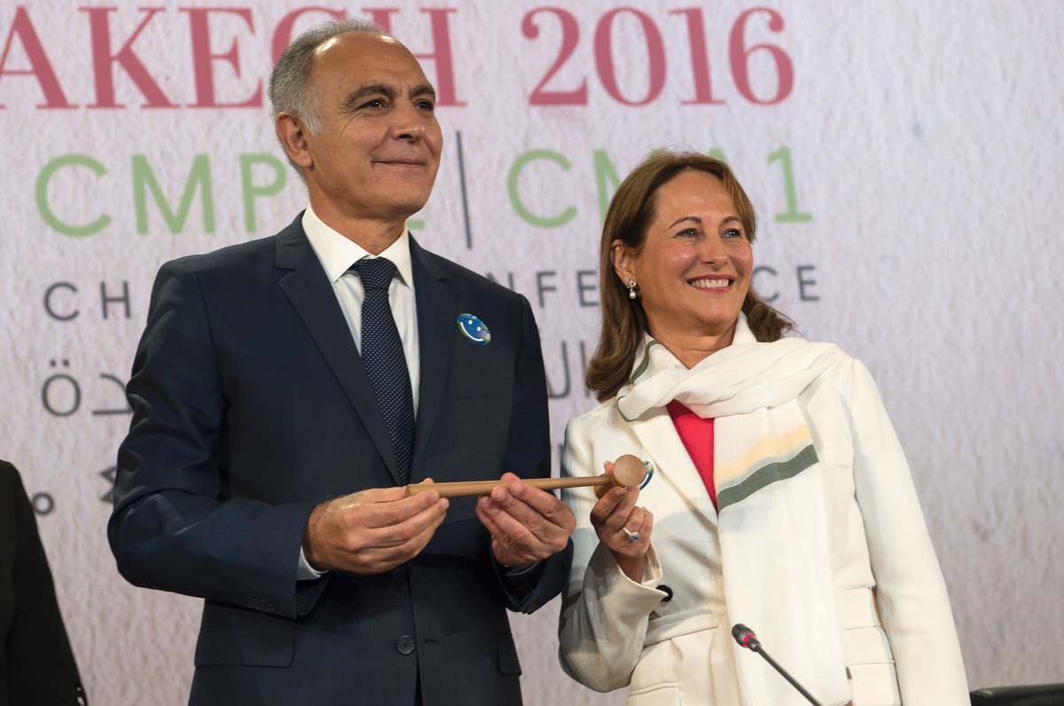 French Environment Minister Segolene Royal and COP22 president Salaheddine Mezouar attend the opening session of the COP22 climate talks in Marrakesh on November 7, 2016. UN talks to implement the landmark Paris climate pact opened in Marrakesh, buoyed by